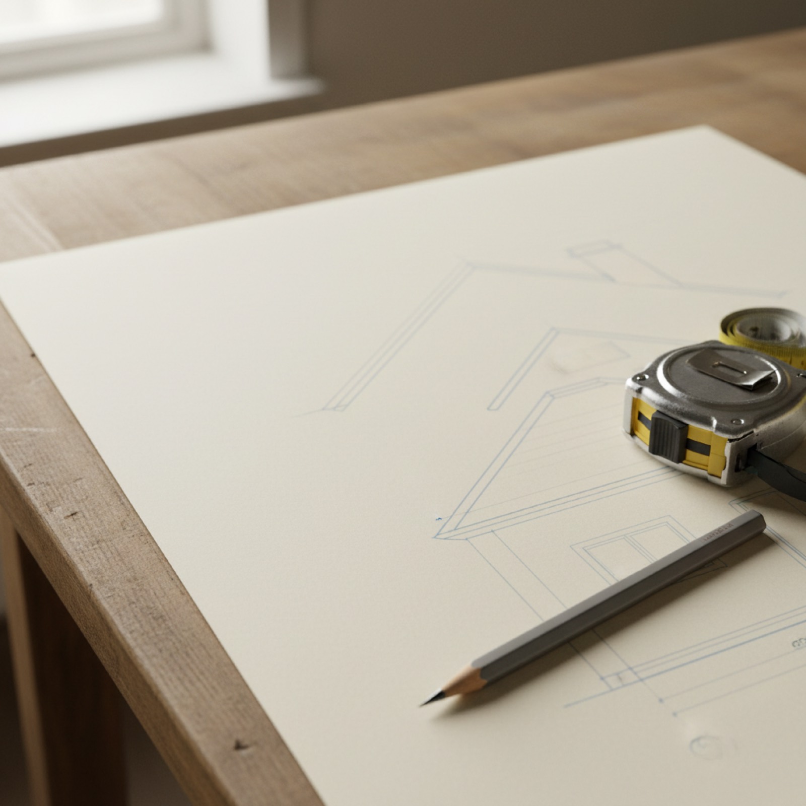 A tape measure and a carpenter's pencil on a technical drawing