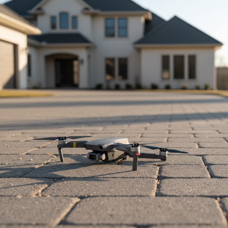 A drone on the ground before take-off, in front of a house