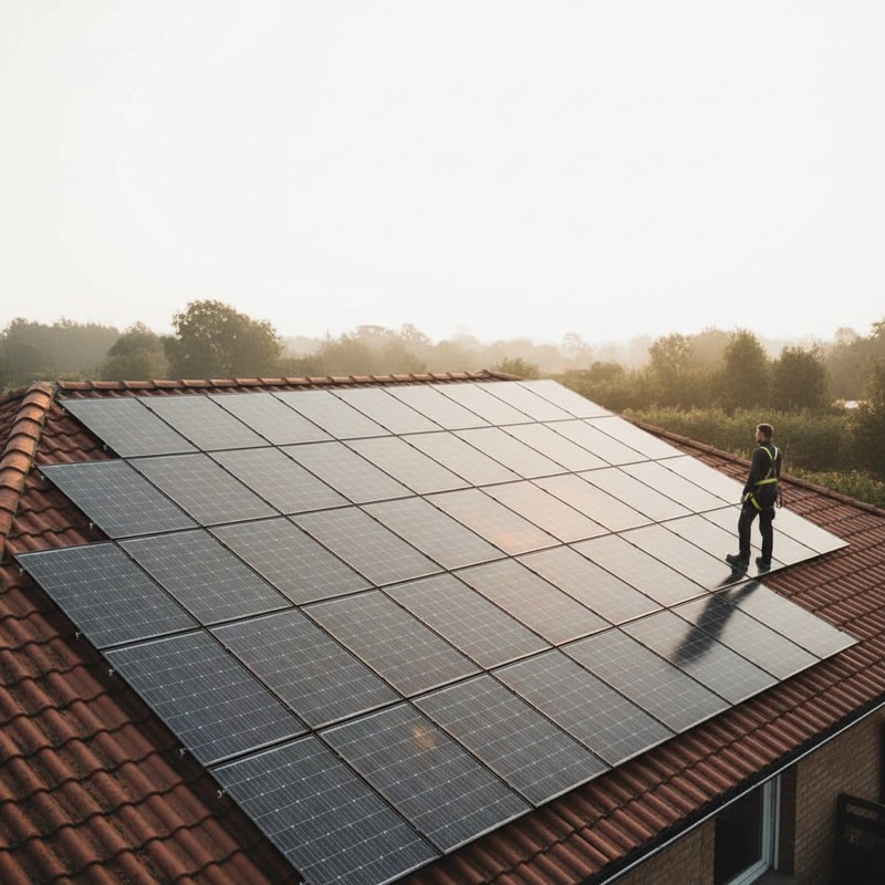 Solar panels on a tiled roof, with the installer standing at the edge