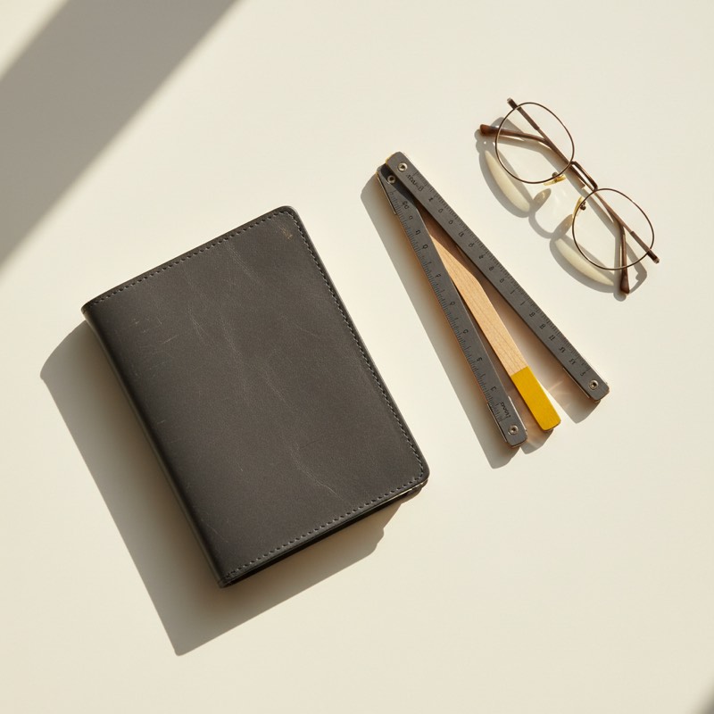 A surveyor's notebook, folding ruler and glasses on a desk