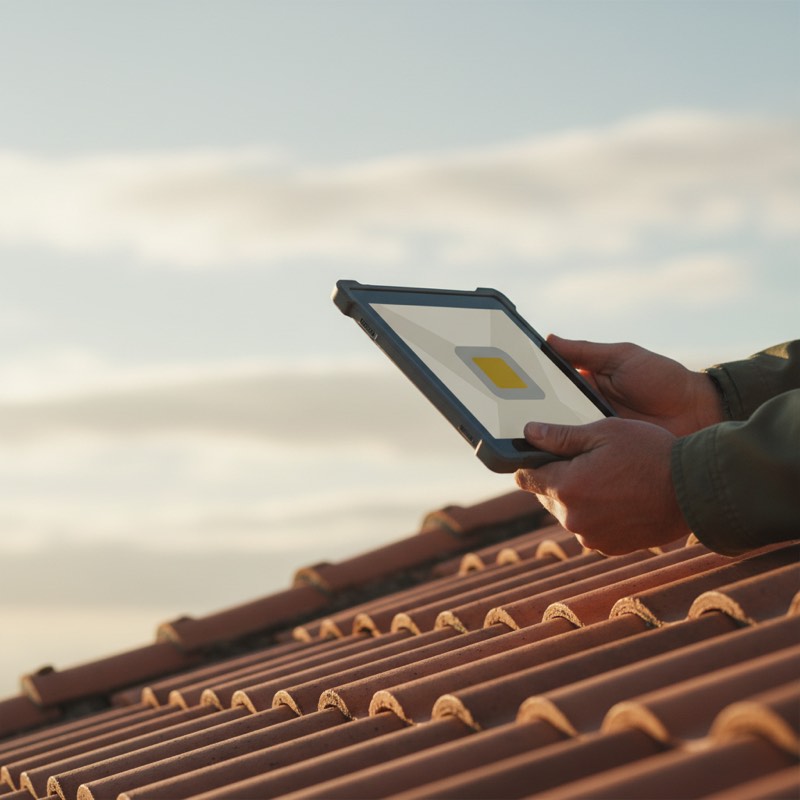A roofer's hands holding a tablet at the edge of a roof