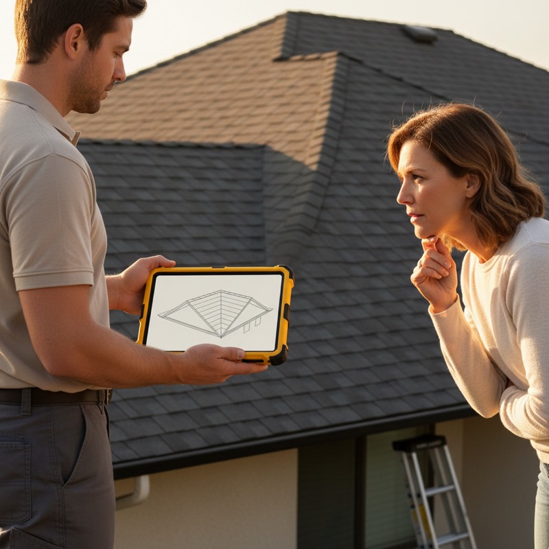 An installer showing a customer the model of their roof on a tablet