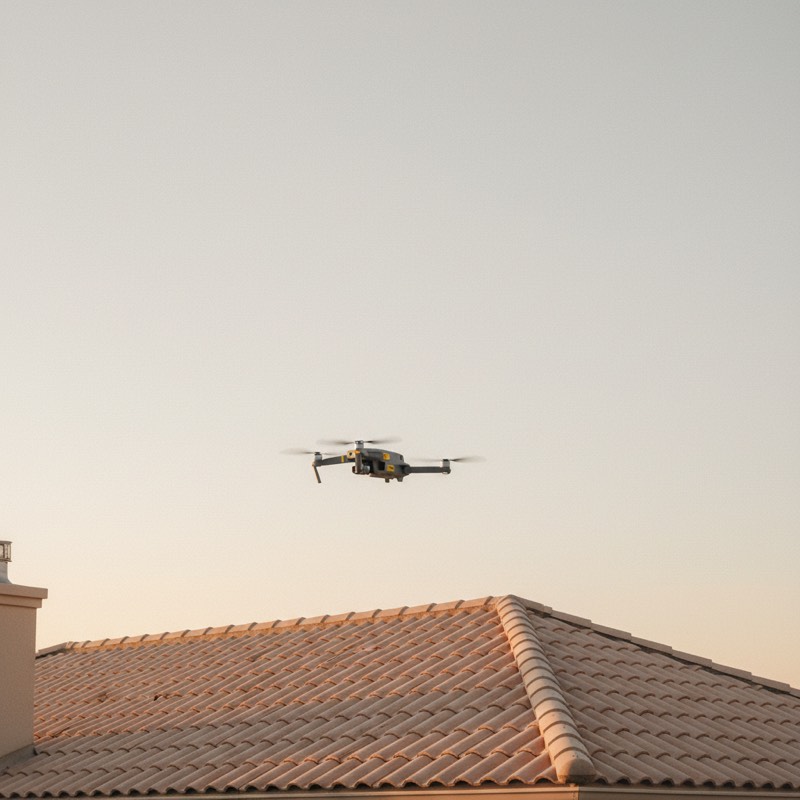 A drone flying above the ridge of a roof